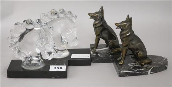 A pair of art glass horses head bookends and a pair of Art Deco dog bookends, signed Bal height 15cm